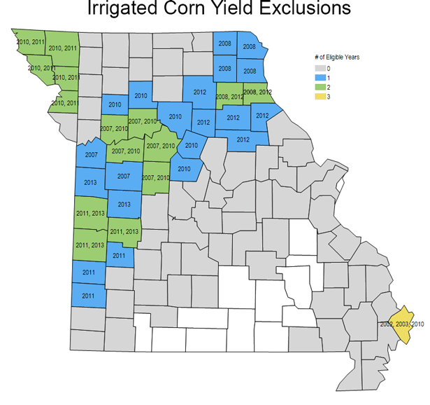 Map of Irrigated Corn Yield Exclusions