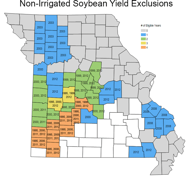 Map of Non-Irrigated Soybeans Yield Exclusions